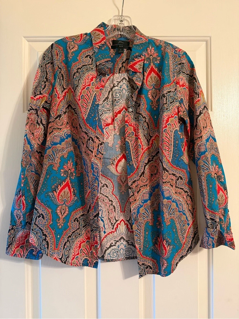 J. Crew Teal and Red Paisley Open-Front Jacket